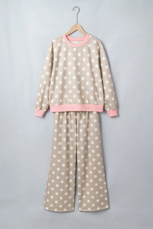 DLLS1137 - Ladies Khaki Polka Dot Long Sleeve Top Drawstring Shift Pants Set