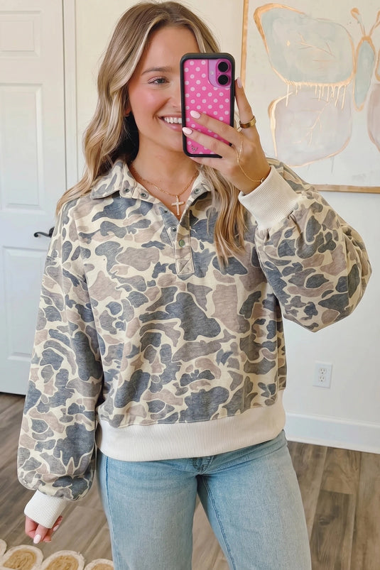 DLLS895 - Ladies Multicolour Casual Camouflage Collar Pullover Sweatshirt