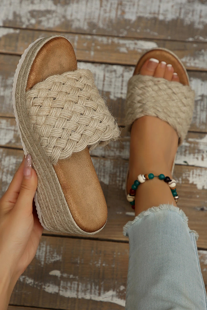 Load image into Gallery viewer, DLLSHOE 134 - Smoke Gray Woven Wide Band Platform Slippers
