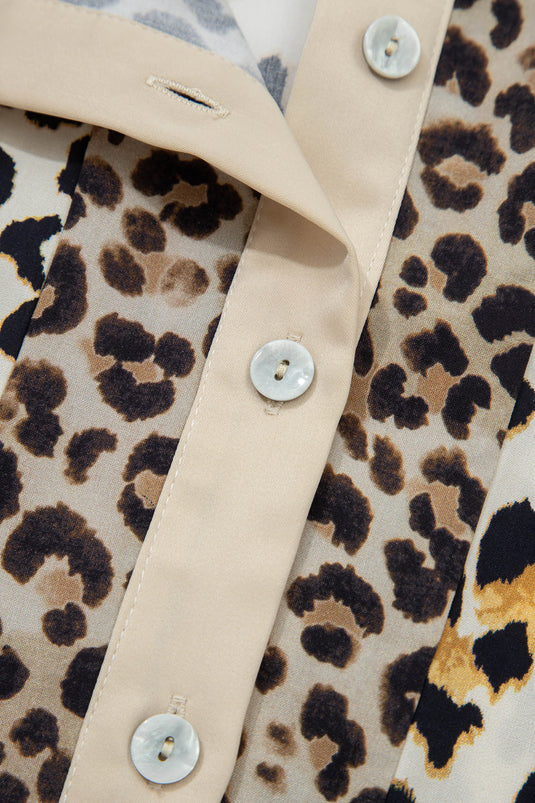 DLLS379- Ladies Khaki Mixed Leopard Patchwork 3/4 Sleeve Loose Shirt