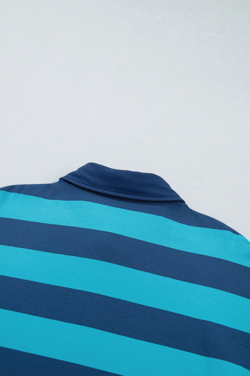Load image into Gallery viewer, DLLS1152 - Ladies Blue Stripe Contrast Polo Collar Bracelet Sleeve Loose Top
