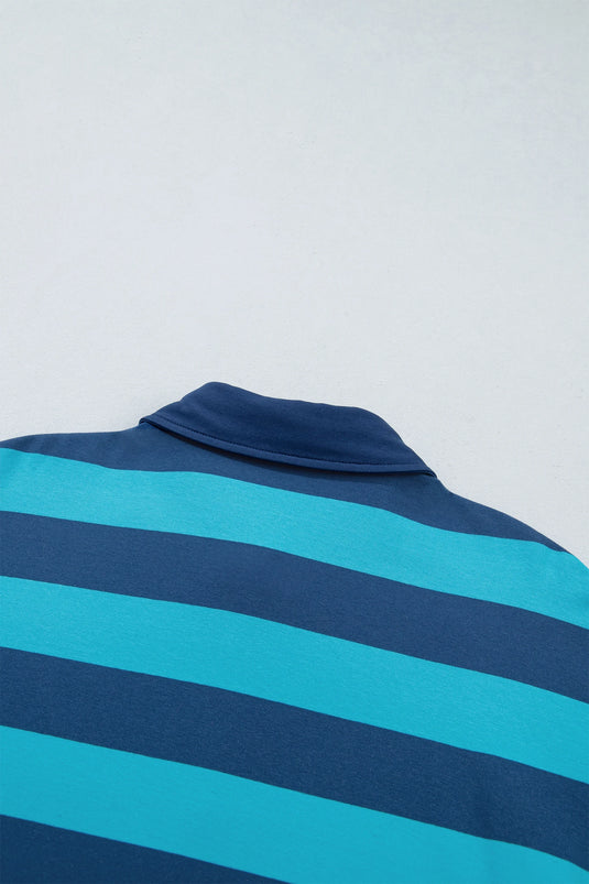 DLLS1152 - Ladies Blue Stripe Contrast Polo Collar Bracelet Sleeve Loose Top