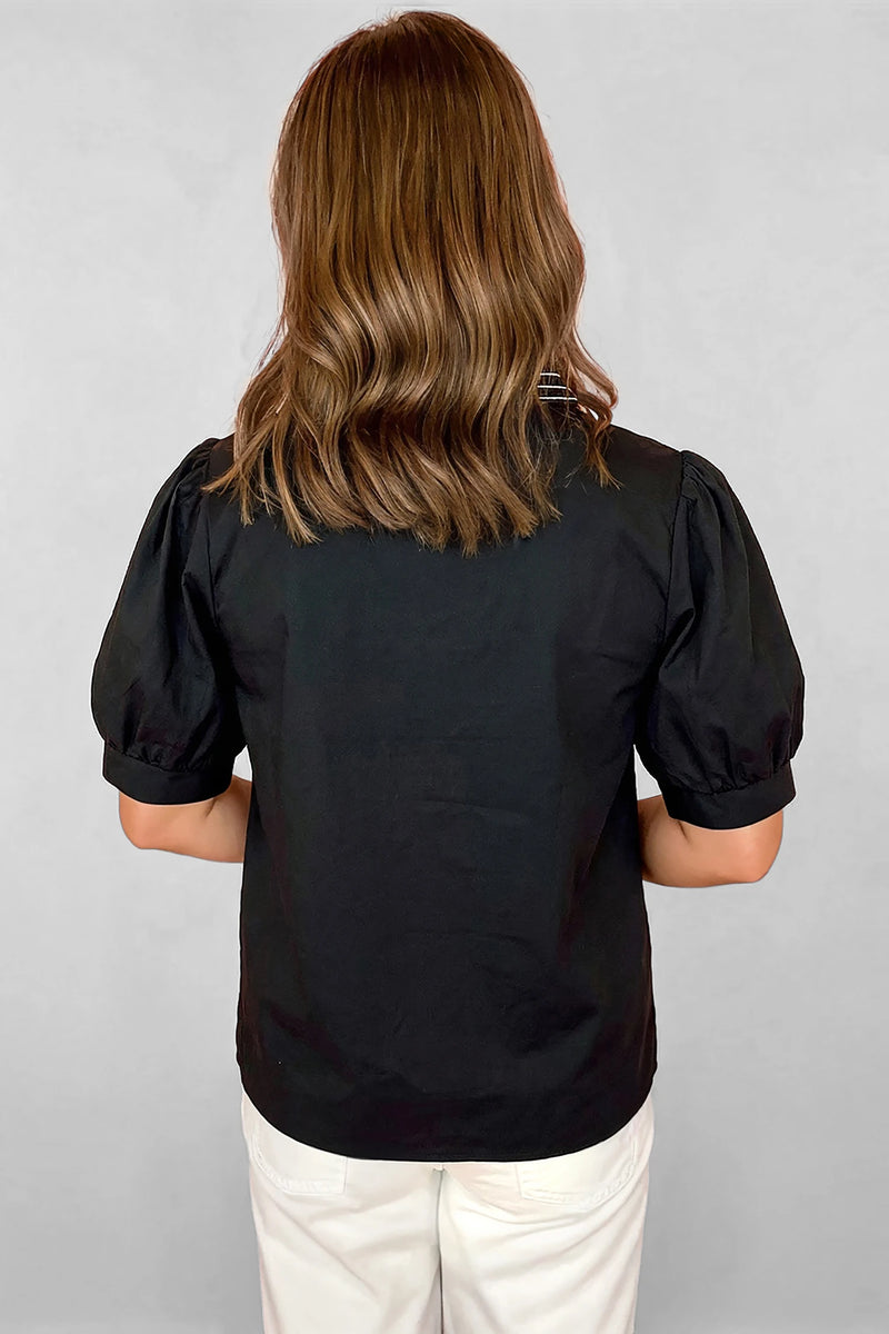 Load image into Gallery viewer, DLLS364 - Ladies Black Short Puff Sleeve Contrast Embroidered Detail V Neck Blouse
