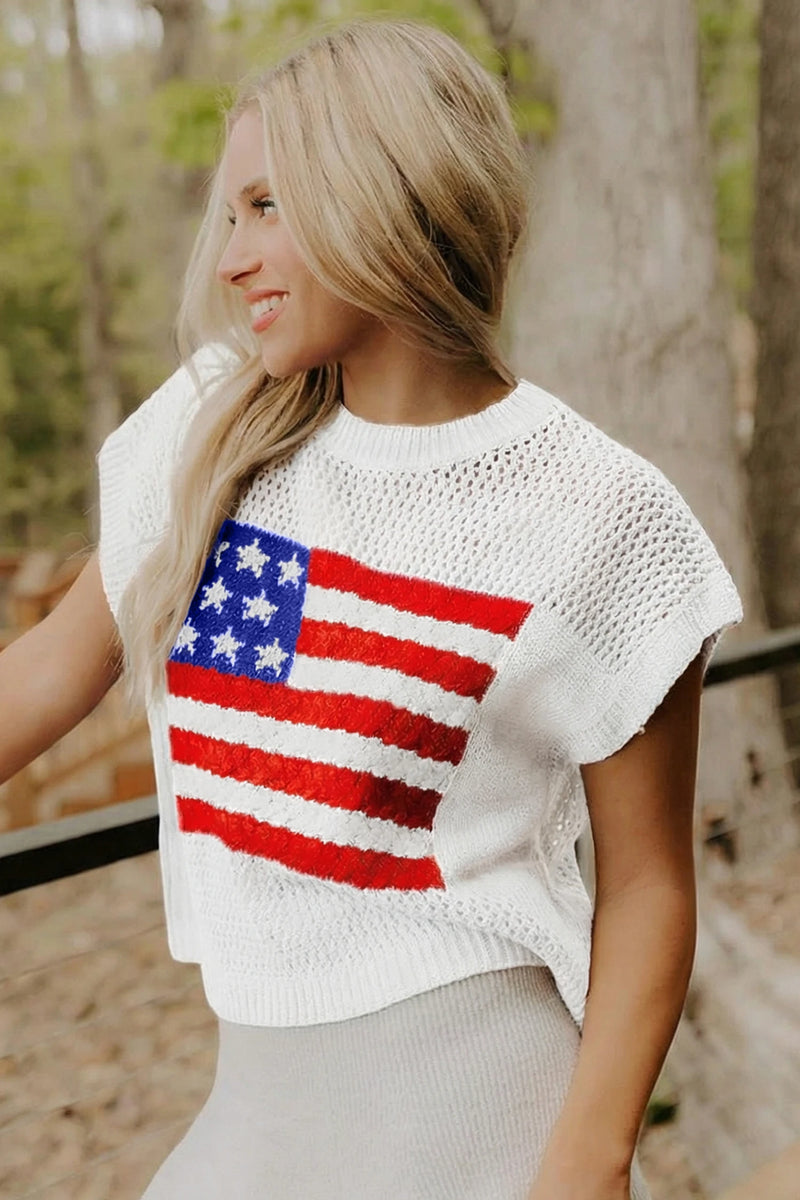 Load image into Gallery viewer, DLLS516 - Ladies White Flag Graphic Short Sleeve Sweater Top
