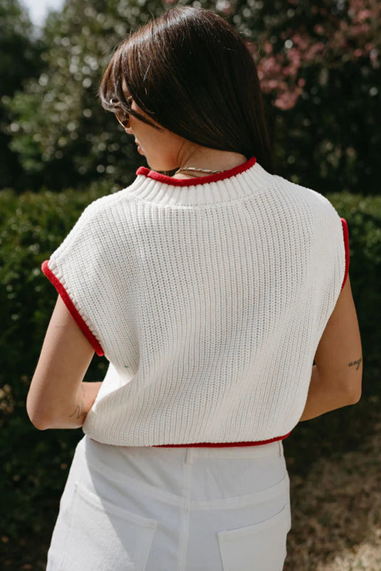 DLLS697 - Ladies White Flag Print Cropped Short Sleeve Sweater
