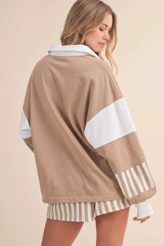 DLLS1102 - Ladies Smoke Gray Striped Color Block Pullover Top Drawstring Shorts Set