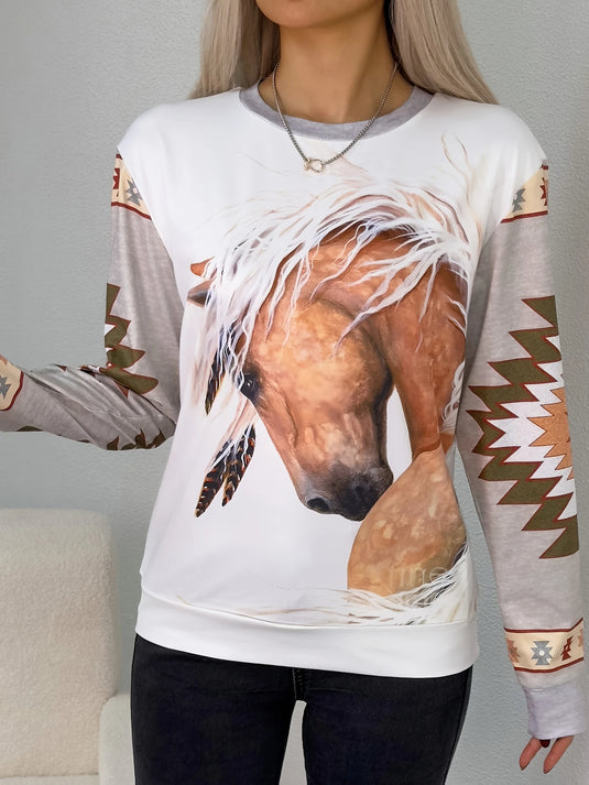 TMTSHT94 - Ladies Tribal Horse Aztec Print Long Sleeve Shirt