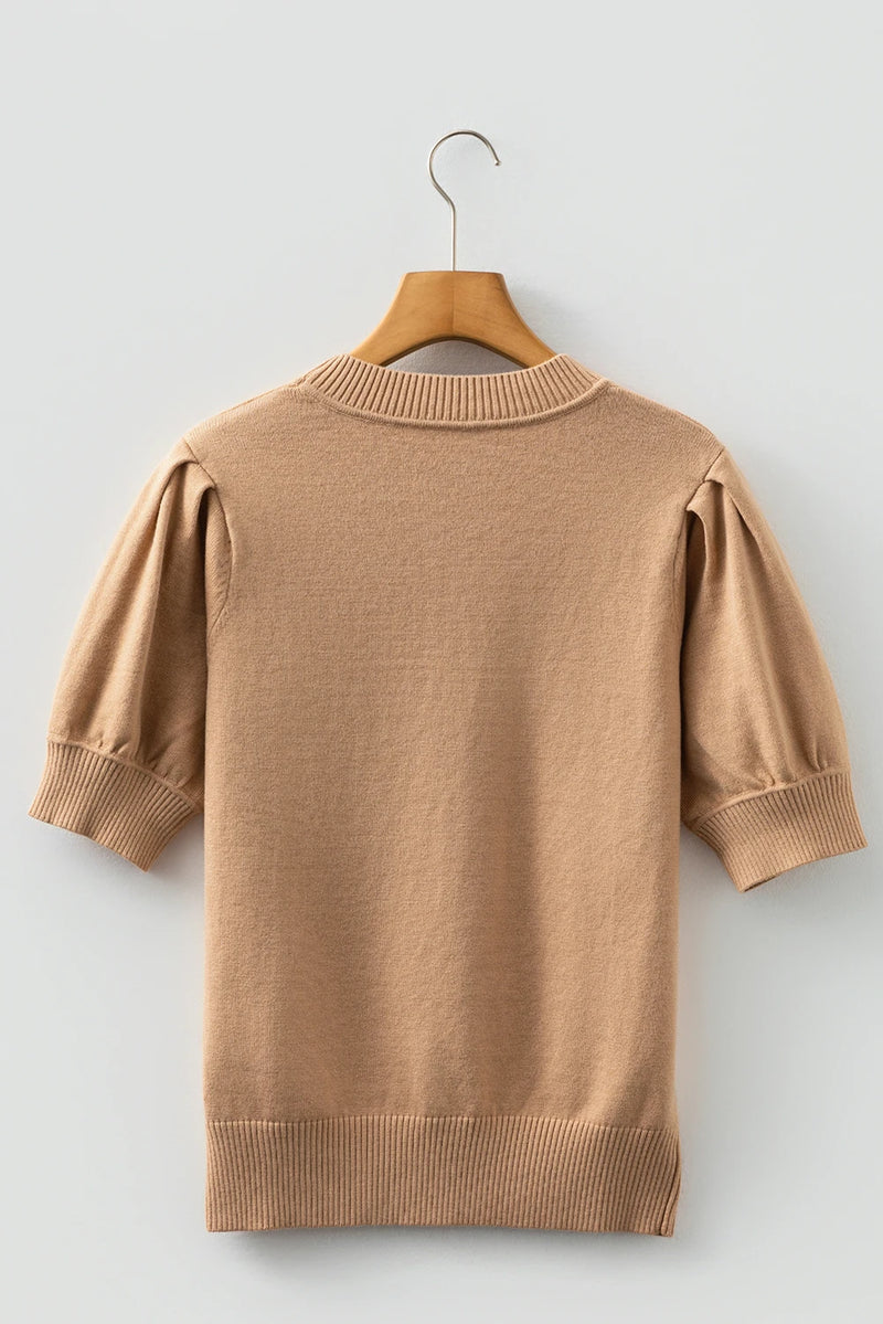 Load image into Gallery viewer, DLLS373- Ladies Light French Beige Solid Color Knit Short Puff Sleeve Sweater
