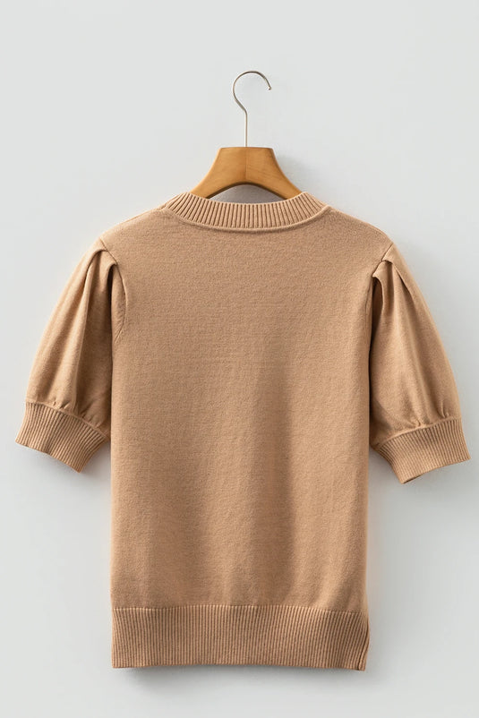 DLLS373- Ladies Light French Beige Solid Color Knit Short Puff Sleeve Sweater