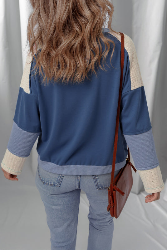 DLLS113 - Ladies Dark Blue Contrast Knitted Colorblock Star Patchwork Oversize Shirt
