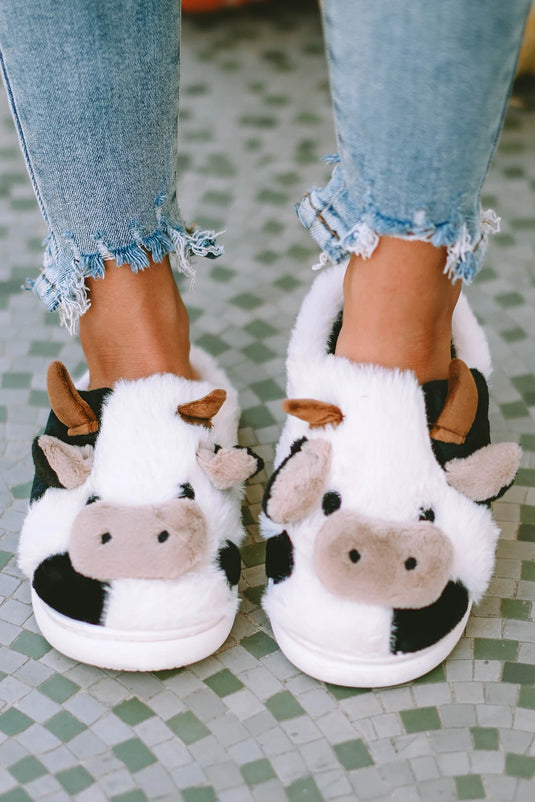 DLLSHOE 127 - White Cartoon Animal Cow Plush Slippers