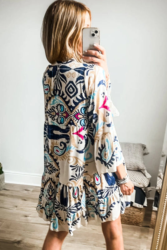 DLLS447 - Ladies White Printed Tribal Bracelet Sleeve Buttoned Mini Dress
