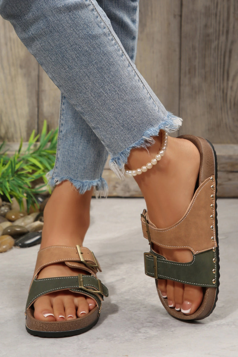 Load image into Gallery viewer, DLLSHOE 102 - Blackish Green Retro Buckle Cutout Straps PU Leather Studded Slippers
