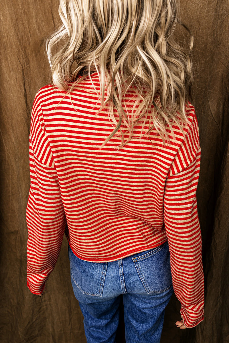 Load image into Gallery viewer, DLLS830 - Ladies Red Stripe Striped Button Collar Long Sleeve Knit Cardigan
