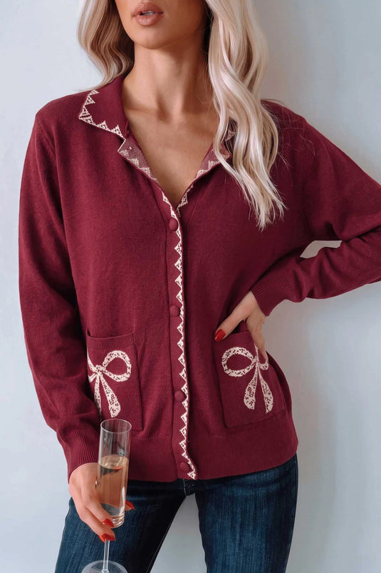 DLLS1009 - Ladies Burgundy Bow Pocket Collar Long Sleeve Knit Cardigan