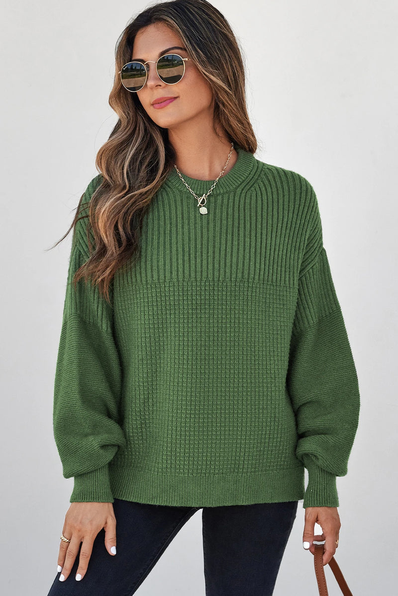 Load image into Gallery viewer, DLLS243 - Ladies Vineyard Green Solid Color Mixed Textured Knitted Crew Neck Sweater
