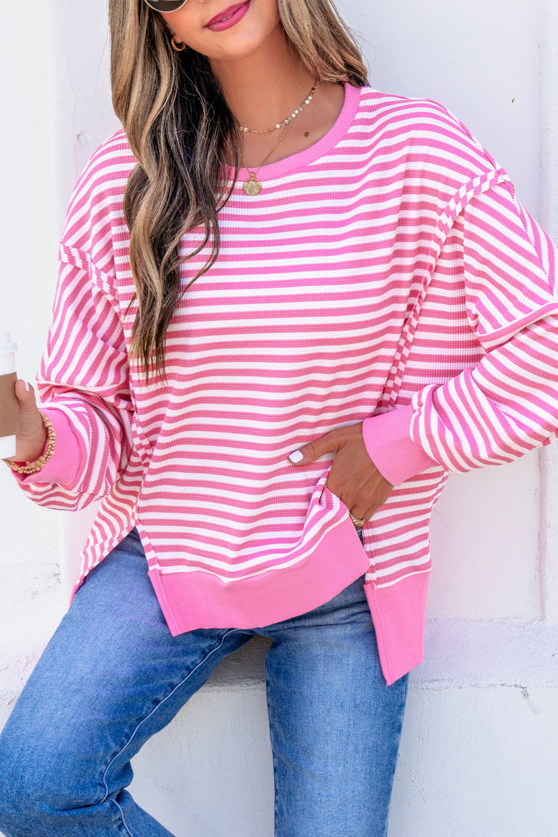 Load image into Gallery viewer, DLLS1134 - Ladies Pink Stripe Textured Knit Color Block Trim Split Hem Long Sleeve Top
