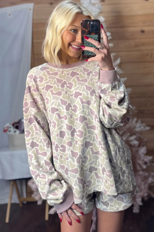 DLLS1049 - Ladies Green Camouflage Waffle Knit Long Sleeve Top Casual Shorts Set