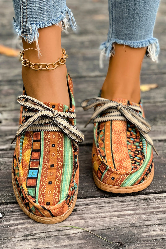 DLLSHOE 6 - Mustard Ethnic Artistic Print Lace-Up Detail Comfort Loafer Shoes