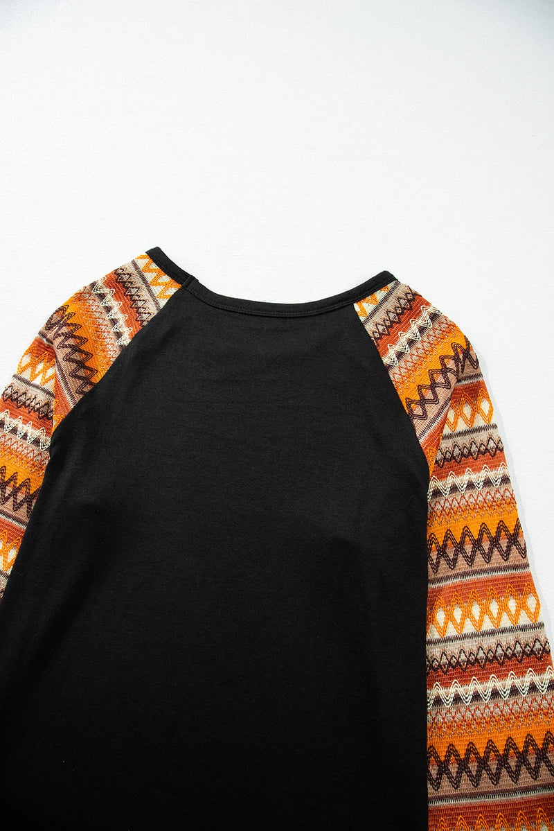 Load image into Gallery viewer, DLLS744 - Ladies Orange Geo Print Raglan Patchwork Long Sleeve Tee
