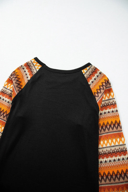 DLLS744 - Ladies Orange Geo Print Raglan Patchwork Long Sleeve Tee