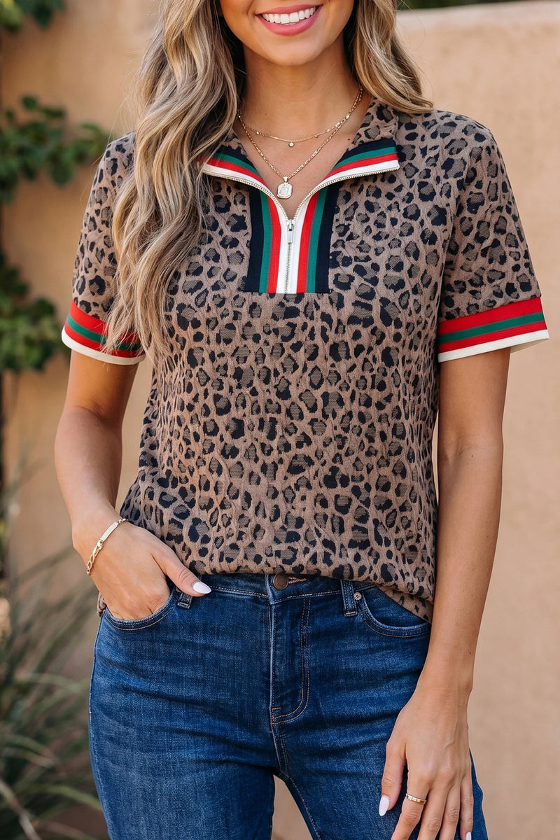 Load image into Gallery viewer, DLLS944 - Ladies Brown Leopard Jacquard Striped Patchwork Half Zip Short Sleeve Blouse

