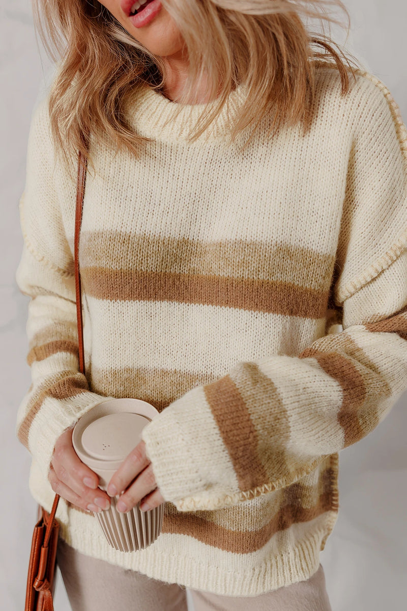 Load image into Gallery viewer, DLLS924 - Ladies Khaki Stripe Exposed Seam Drop Shoulder Knit Baggy Sweater
