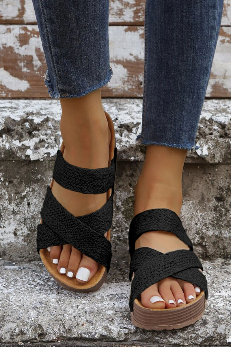 Load image into Gallery viewer, DLLSHOE 137 - Black Woven Cross Criss Hollowed Slip-On Slippers
