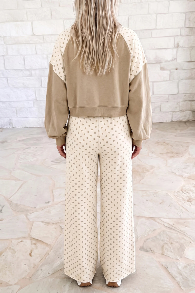 Load image into Gallery viewer, DLLS965 - Ladies Khaki Polka Dot Colorblock Long Sleeve Casual Two Piece Pants Set
