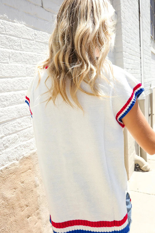 DLLS636 - Ladies White USA Contrast Striped Trim Round Neck Short Sleeve Sweater