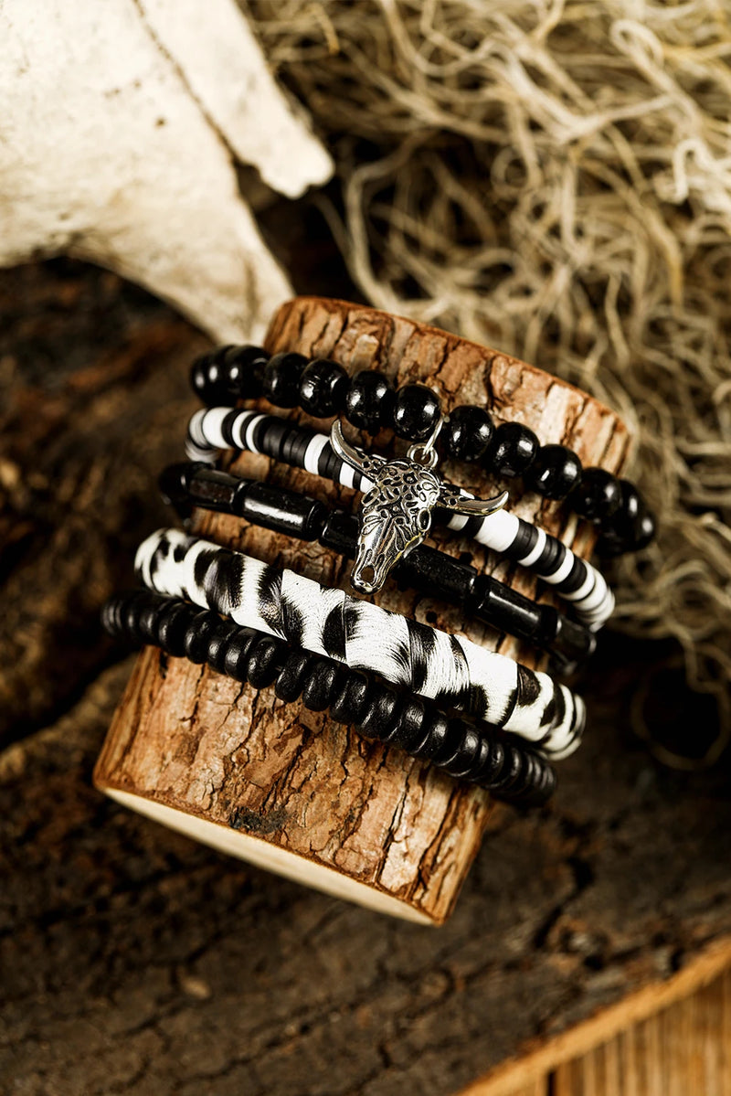 Load image into Gallery viewer, DLLBC 24 - Color Black Timber Beads Western Skull Head Charm 5pcs Bracelet Set
