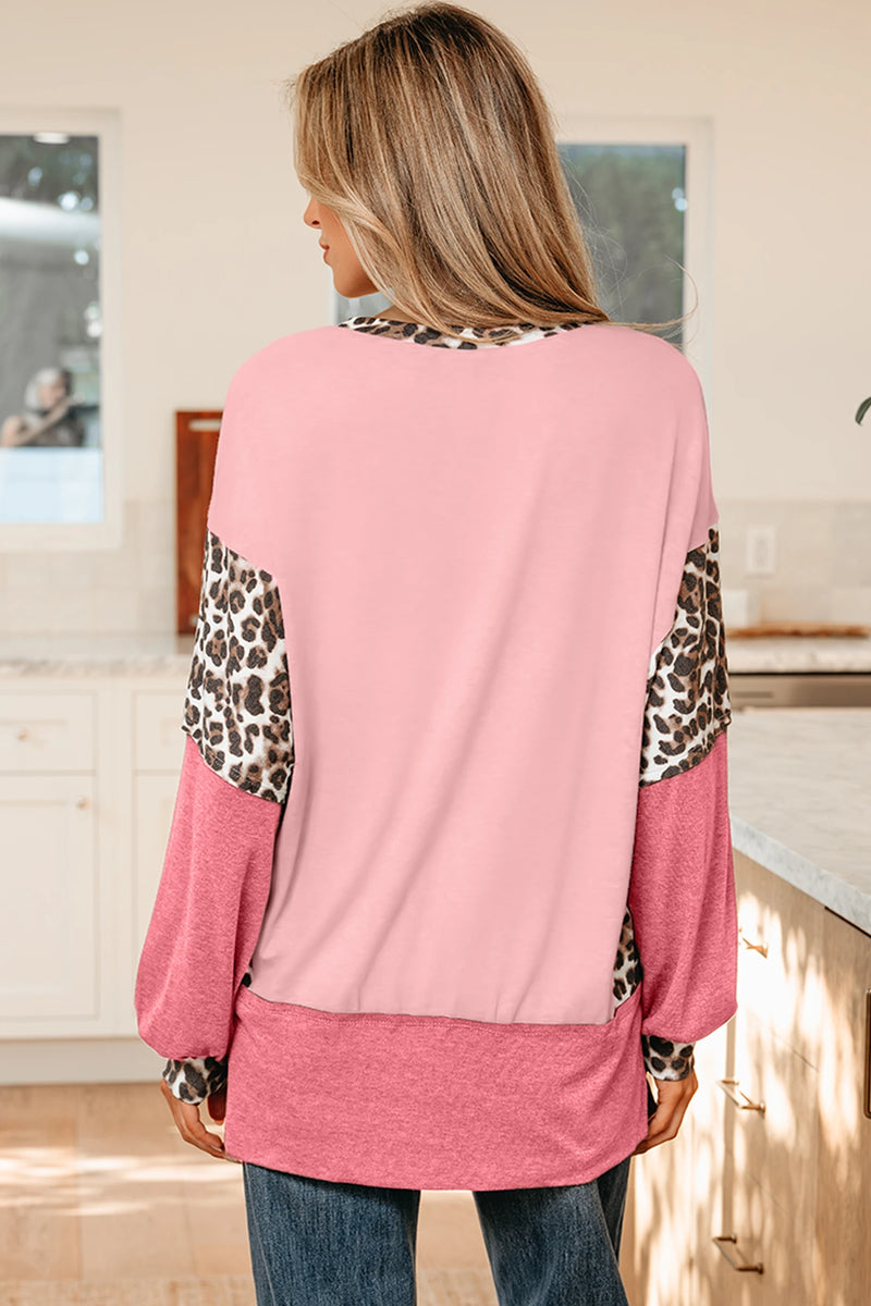 Load image into Gallery viewer, DLLS362 - Ladies Light Pink Leopard Patchwork Dolman Sleeve Baggy Sweatshirt
