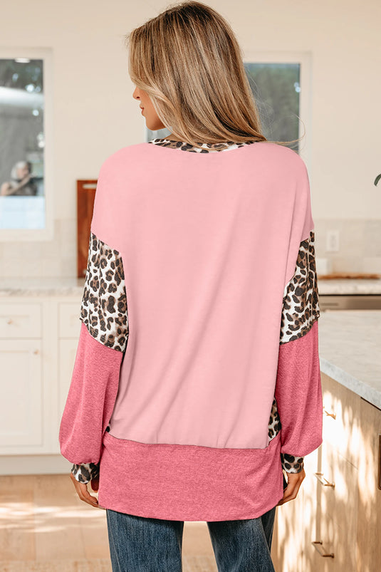 DLLS362 - Ladies Light Pink Leopard Patchwork Dolman Sleeve Baggy Sweatshirt