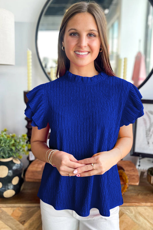 DLLS694 - Ladies Dark Blue Solid Color Textured Ruffle Trim Short Sleeve Blouse