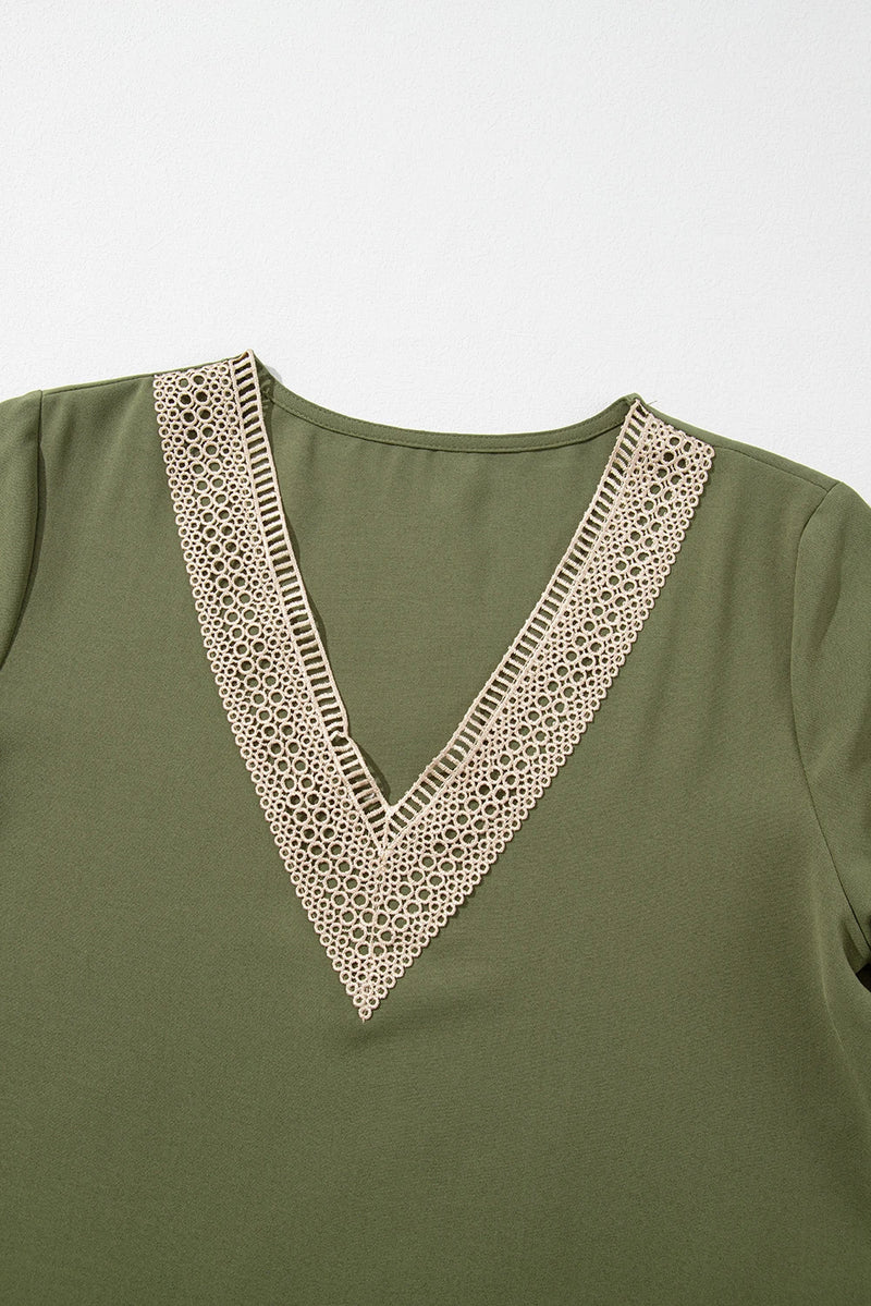 Load image into Gallery viewer, DLLS518 - Ladies Green Lace Trim V Neck Short Sleeve Blouse
