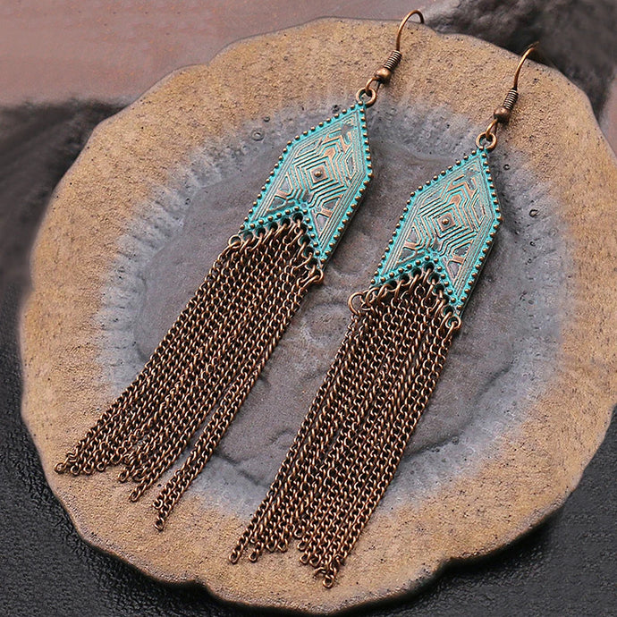 TMER64 - Bronze & Blue Tassle Long Earrings