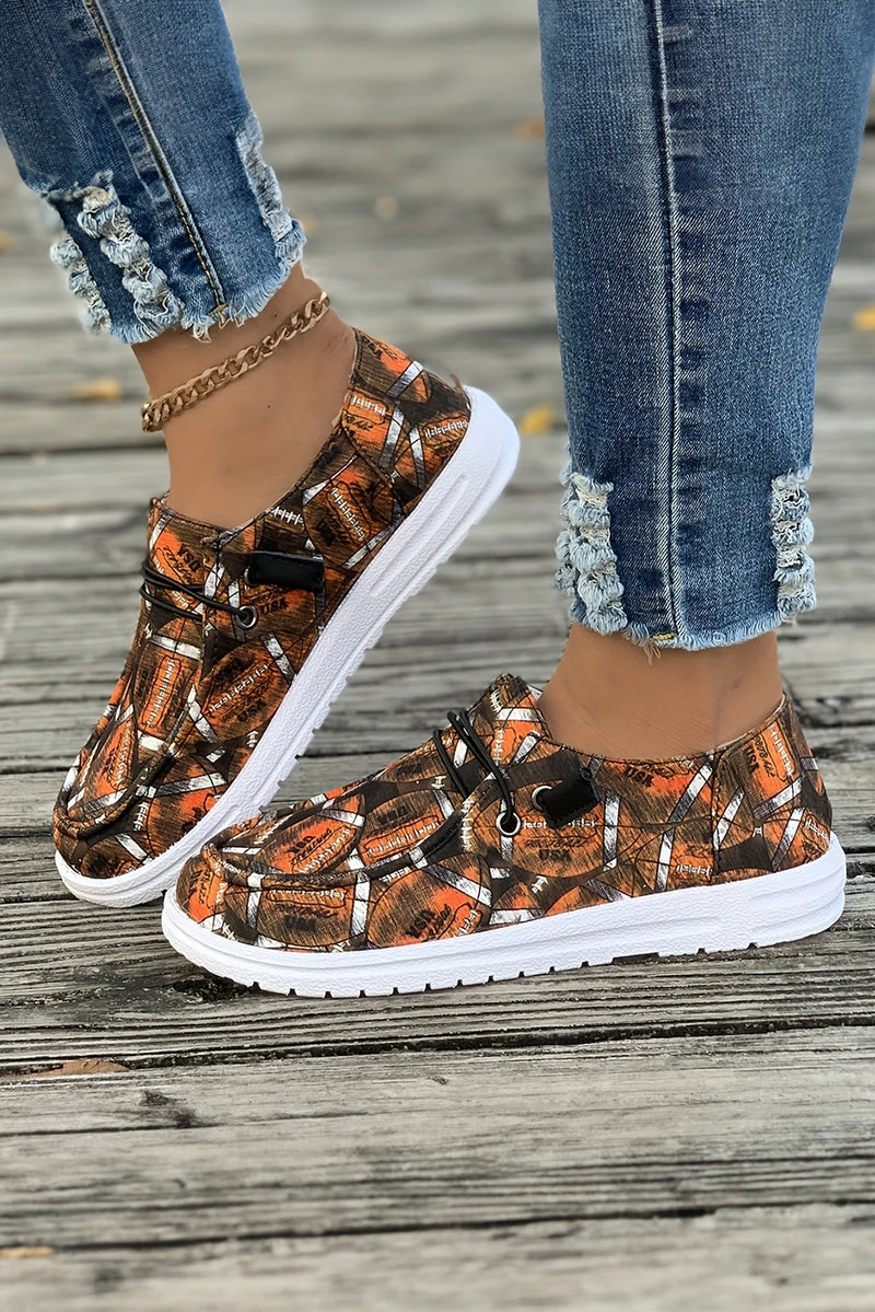 Load image into Gallery viewer, DLLSHOE 198 - Coffee Rugby Allover Print Lace Up Detail Slip On Flat Shoes
