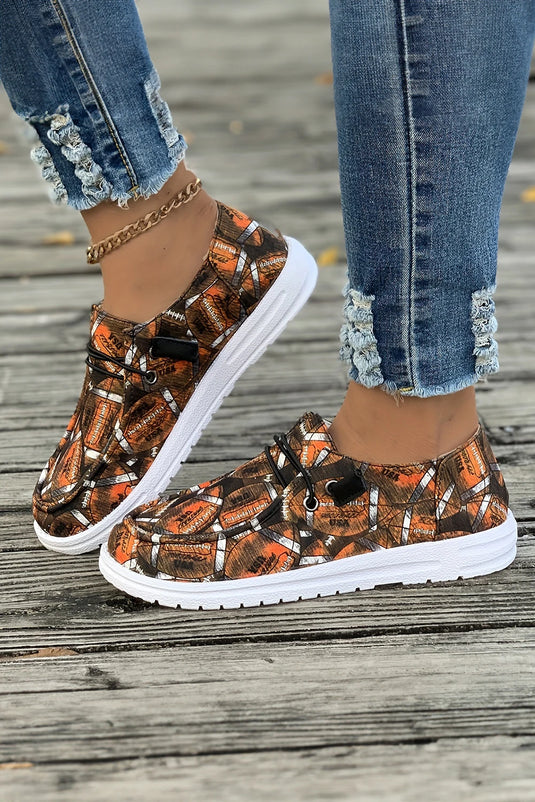 DLLSHOE 198 - Coffee Rugby Allover Print Lace Up Detail Slip On Flat Shoes
