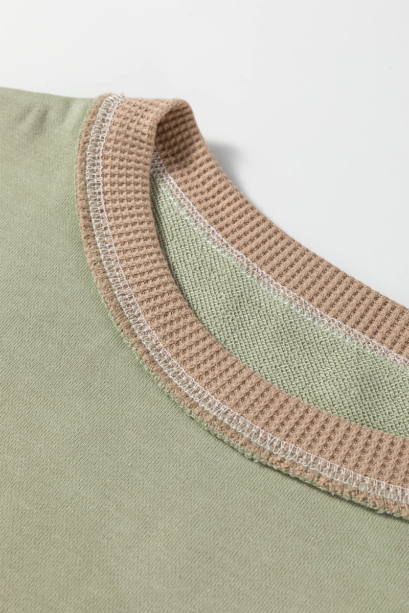 Load image into Gallery viewer, DLLS396 - Ladies Smoke Green Color Block Mix Texture Waffle Patchwork Oversize Sweatshirt

