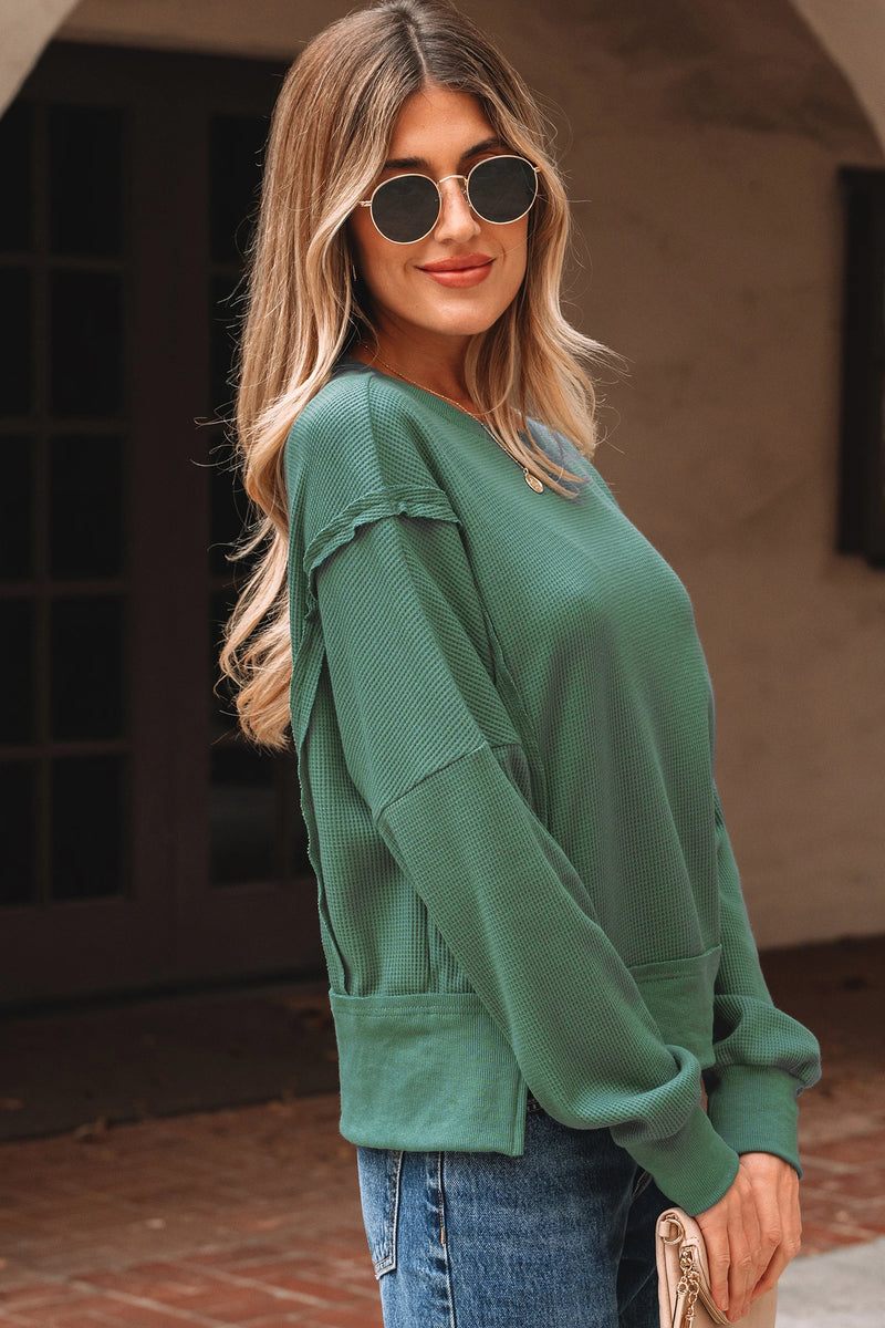 Load image into Gallery viewer, DLLS333 - Ladies Evergreen Solid Color Raw Seam Patchwork Textured Drop Shoulder Sweatshirt
