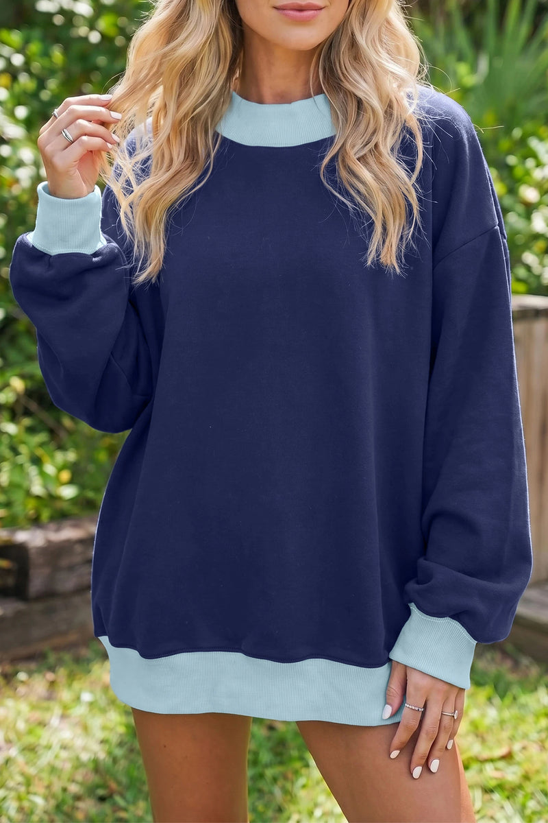 Load image into Gallery viewer, DLLS1052 - Ladies Dirty blue Colorblock Trim Crewneck Long Sleeve Pullover Sweatshirt
