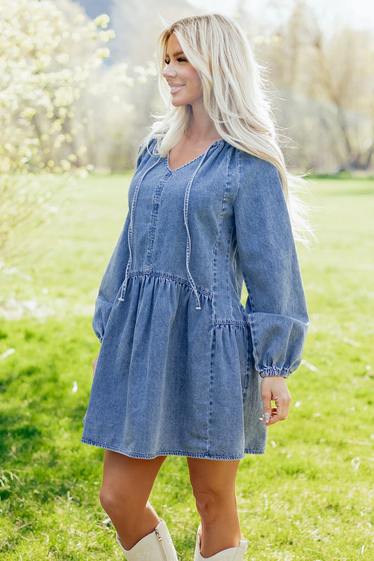 DLLS564 - Ladies Myosotis Puff Sleeve V Neck Ruffled Loose Denim Mini Dress