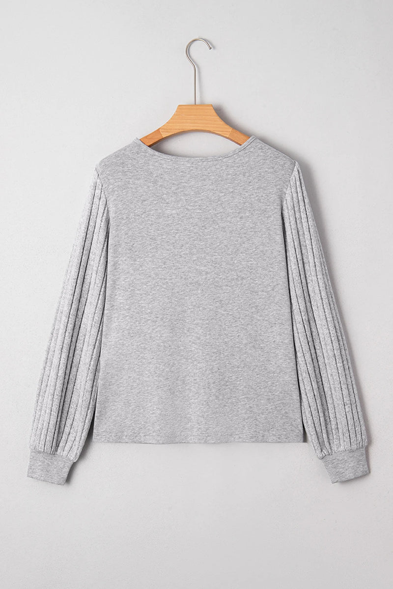 Load image into Gallery viewer, DLLS192 - Ladies Gray Hollowed Lace Ribbed Knit Long Sleeve Patchwork Top
