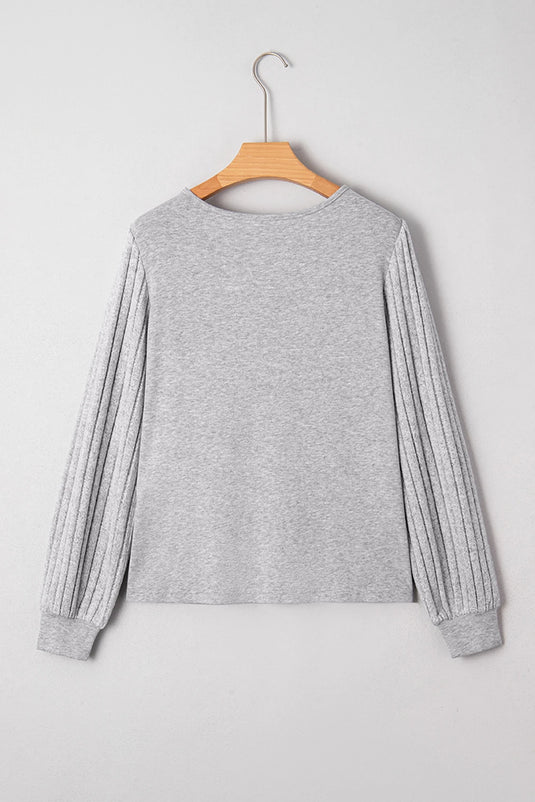 DLLS192 - Ladies Gray Hollowed Lace Ribbed Knit Long Sleeve Patchwork Top