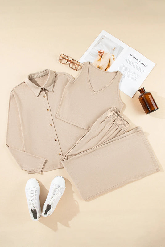 DLLS910 - Ladies Oatmeal 3-Piece Cozy Knit Lounge Set