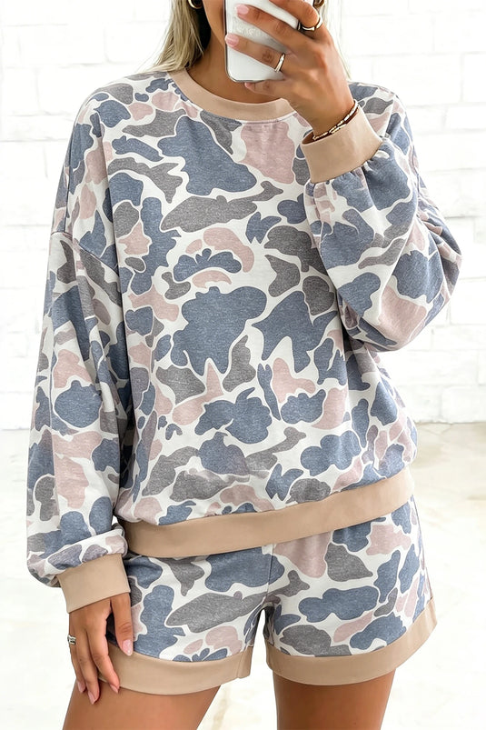 DLLS863 - Ladies Camouflage Patchwork Colorblock 2pc Long Sleeve Top and Shorts Set