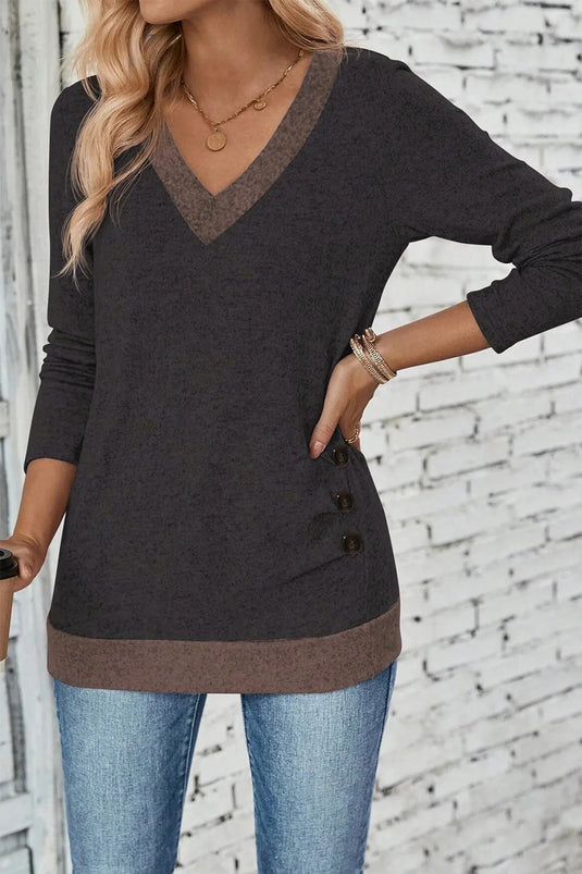 DLLS292 - Ladies Chicory Coffee Color Block Trim V Neck Button Decor Long Sleeve Top