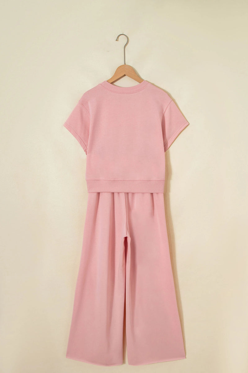 Load image into Gallery viewer, DLLS621 - Ladies Light Pink Solid Color Loose Tee Drawstring Wide Leg Pants 2pcs Outfit
