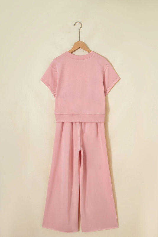 DLLS621 - Ladies Light Pink Solid Color Loose Tee Drawstring Wide Leg Pants 2pcs Outfit