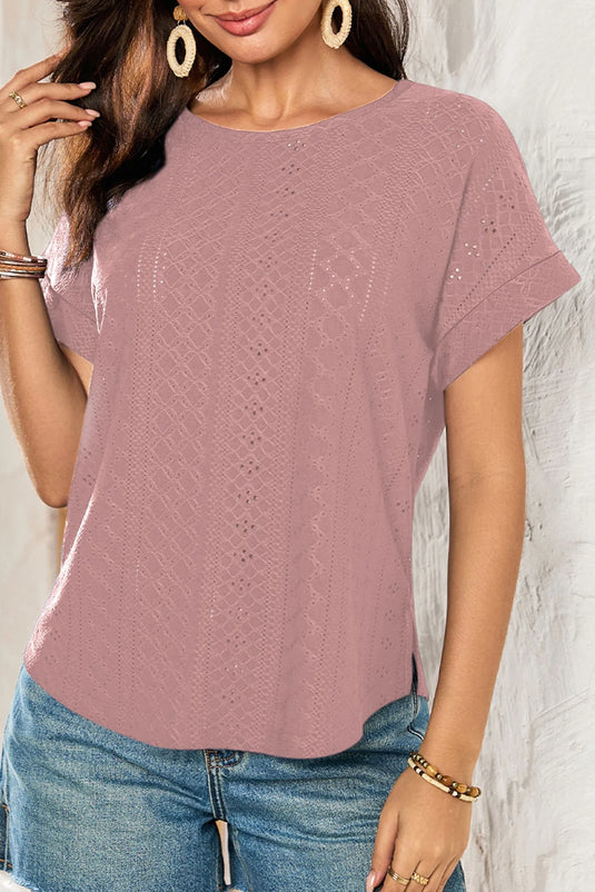 DLLS484 - Ladies Rose Tan Solid Color Eyelet Jacquard Cuffed Short Sleeve Top